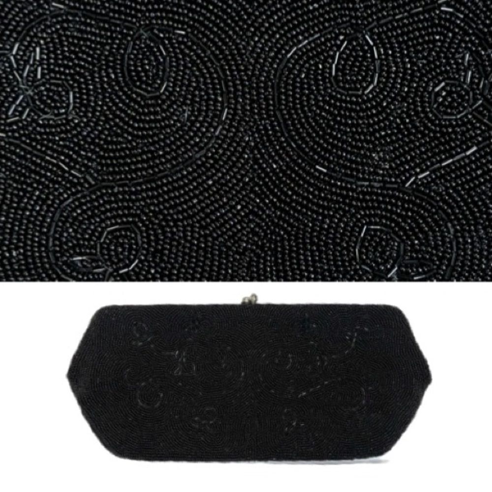 Vintage Black Beaded Clutch with Rhinestone Closure Formal Evening Purse Bag